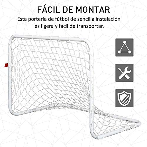 HOMCOM Set de 2 Porterías de Fútbol con Red y Balón para Niños y Adultos Juguete Deportivo para Exterior Jardín Acero y Poliéster 78x46x56 cm Blanco