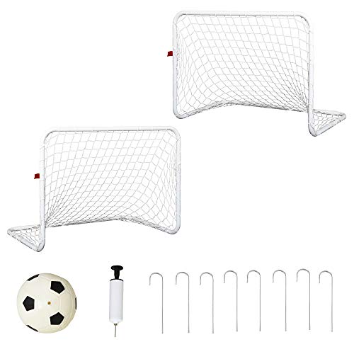 HOMCOM Set de 2 Porterías de Fútbol con Red y Balón para Niños y Adultos Juguete Deportivo para Exterior Jardín Acero y Poliéster 78x46x56 cm Blanco