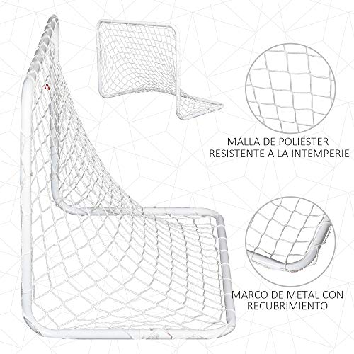 HOMCOM Set de 2 Porterías de Fútbol con Red y Balón para Niños y Adultos Juguete Deportivo para Exterior Jardín Acero y Poliéster 78x46x56 cm Blanco