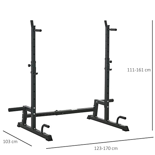 HOMCOM Soporte Multifuncional para Barras de Pesas Flexiones Sentadillas Ajustable en Altura y Ancho Equipo de Fitness de Acero para Gimnasio en Casa 123-170x103x111-161 cm Negro