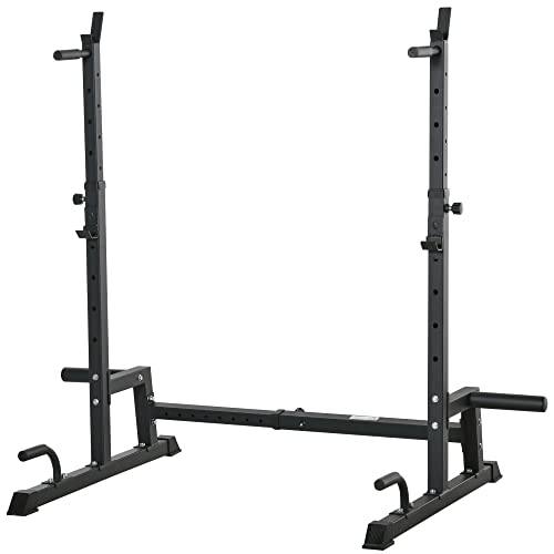 HOMCOM Soporte Multifuncional para Barras de Pesas Flexiones Sentadillas Ajustable en Altura y Ancho Equipo de Fitness de Acero para Gimnasio en Casa 123-170x103x111-161 cm Negro