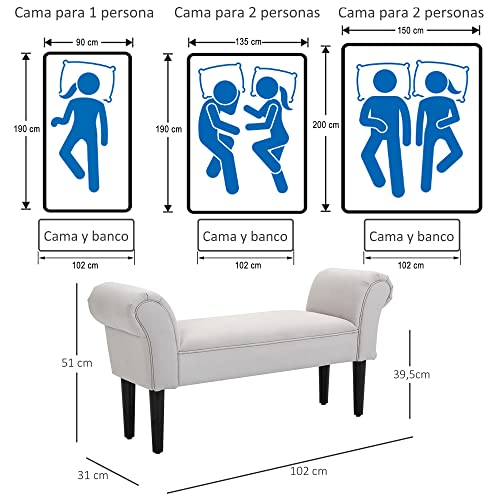 HOMCOM Taburete Pie de Cama Banqueta con Brazos Tapizada Tipo Banco de Madera para Dormitorio Salón Recibidor 102x31x51cm Carga 130kg