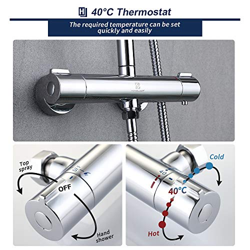 HOMELODY 40ºC Columna de Ducha Termostática Multifuncional Conjunto de ducha Latón Cromado Inoxidable Altura Ajustable 829mm-1221mm Ducha de Mano 3 Funciones Ducha Redondo para Cuarto de Baño