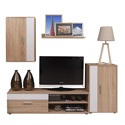 Homely Kiona Mueble de Salón Modular - Ibiza Mini| Conjunto 4 Muebles | Muebles Salón Completo | Mueble para Televisión + Mueble Bajo + Mueble Alto + Estantería Alta | Color Roble y Blanco