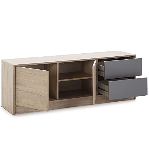 HOMN LIVING Mueble TV Panama 2 cajones 2 Puertas, Color Madera y Gris, 136 cm (Ancho) 40 cm (Profundo) 51 cm (Altura)