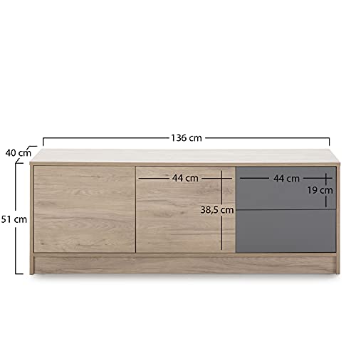 HOMN LIVING Mueble TV Panama 2 cajones 2 Puertas, Color Madera y Gris, 136 cm (Ancho) 40 cm (Profundo) 51 cm (Altura)