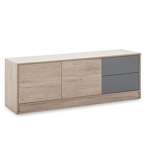 HOMN LIVING Mueble TV Panama 2 cajones 2 Puertas, Color Madera y Gris, 136 cm (Ancho) 40 cm (Profundo) 51 cm (Altura)