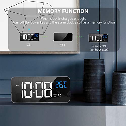 HOMVILLA Reloj Despertador Digital con Pantalla LED de Temperatura, Alarma de Espejo Portátil con Alarma Doble Tiempo de Repetición 4 Niveles de Brillo Regulable 13 Música Despertadores Digitales