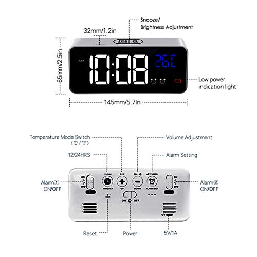 HOMVILLA Reloj Despertador Digital con Pantalla LED de Temperatura, Alarma de Espejo Portátil con Alarma Doble Tiempo de Repetición 4 Niveles de Brillo Regulable 13 Música Despertadores Digitales