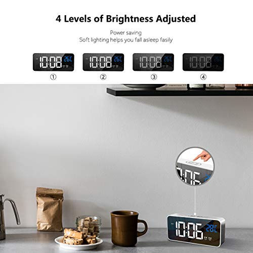 HOMVILLA Reloj Despertador Digital con Pantalla LED de Temperatura, Alarma de Espejo Portátil con Alarma Doble Tiempo de Repetición 4 Niveles de Brillo Regulable 13 Música Despertadores Digitales