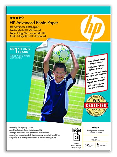 HP Advanced Glossy Photo Paper, Q5456A, 25 hojas de papel fotográfico satinado avanzado, compatible con impresoras de inyección de tinta, A4, peso del material de impresión 250 g/m²