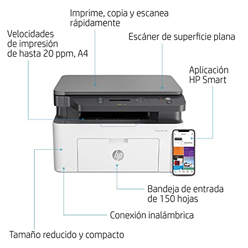 HP Laser MFP 137fnw 4ZB84A, Impresora Láser Multifunción Monocromo, Imprime, Escanea, Copia y Fax, Wi-Fi, Ethernet, USB 2.0 alta velocidad, HP Smart App, Panel de Control LCD, Blanca