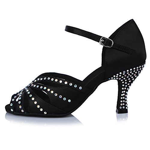 HROYL Zapatos de Baile Latino Mujer Salsa y Bachata Brillantes Zapatos de Baile de Salón,ESAF43503,Negro,38EU