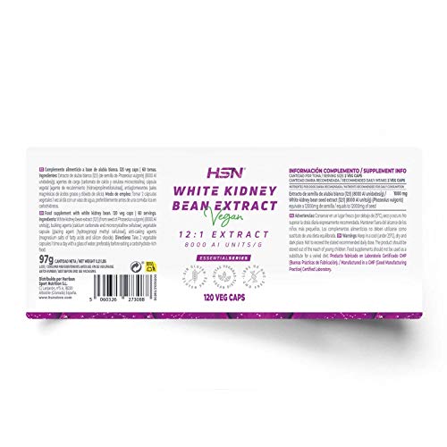 HSN Extracto de Alubia Blanca 500 MG | Potente Bloqueador de Carbohidratos Carb Blocker | Extracto 12 Veces Más Concentrado | No-GMO, Vegano, Sin Gluten | 120 Cápsulas Vegetales