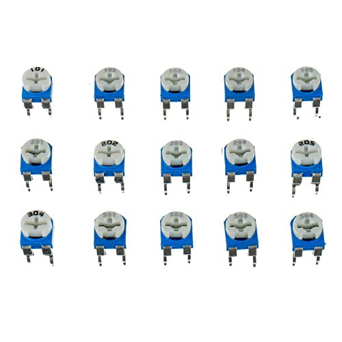 HUAREW 15 valores 150 piezas potenciómetro de película de carbono de resistencia ajustable azul y blanco 100 Ohm- 2M Ohm 6 mm pin vertical de resistencia de recorte variable kit de clasificación