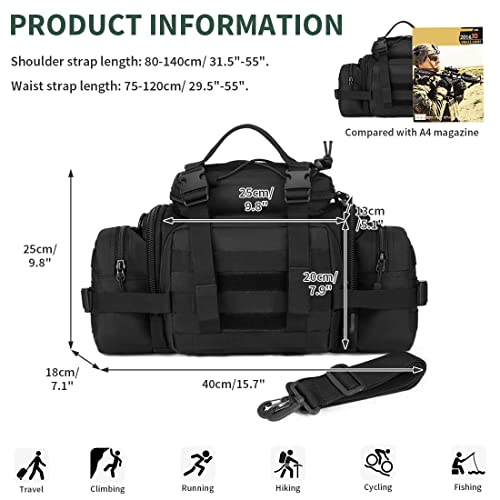 HUNTVP Bolsa de Riñonera Táctical Bolsa de Bandolera Estilo Militar Bolso de Múltiple Función de Herramienta 2 vías para Llevar Impermeable para Correr Senderismo Ciclismo Camping, Color Negro