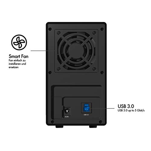 Icy Box Caja Externa de 2 bahías (Raid 0/1, Single, JBOD) para 2 Discos Duros SATA i, II, III de 3,5", conexión USB 3.0 (UASP) y eSATA, Ventilador Inteligente