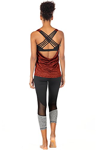 icyzone 2 en 1 Camiseta de Fitness Deportiva de Tirantes para Mujer Cruzado Deportivo -S-Burnt Ochre