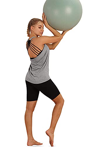 icyzone 2 en 1 Camiseta de Fitness Deportiva de Tirantes para Mujer Cruzado Deportivo -S-Gris