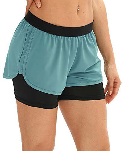 icyzone 2 en 1 Pantalón Corto Casual para Mujer Verano para Correr,para Yoga Fitness Correr-XL-Azul Claro