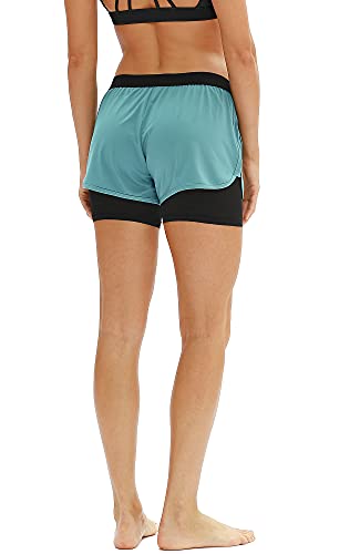 icyzone 2 en 1 Pantalón Corto Casual para Mujer Verano para Correr,para Yoga Fitness Correr-XL-Azul Claro