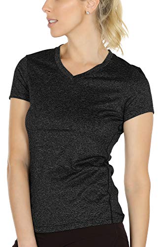 icyzone Camiseta de Deportiva de Manga Corta para Mujer, Pack de 3 (M, Negro/Granito/Melocotón)