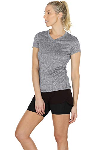 icyzone Camiseta de Deportiva de Manga Corta para Mujer, Pack de 3 (M, Negro/Granito/Melocotón)