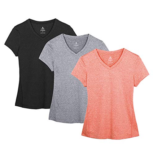 icyzone Camiseta de Deportiva de Manga Corta para Mujer, Pack de 3 (M, Negro/Granito/Melocotón)