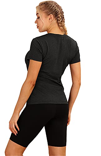 icyzone Camiseta de Fitness de Manga Corta para Mujer, Pack de 3 (M, Negro/Granito/Naranja)