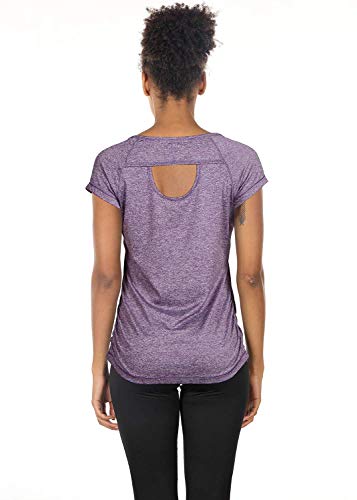 icyzone Camiseta de Fitness Deportiva de Manga Corta de Espalda Abierta para Mujer para Gimnasio -M-Lavanda