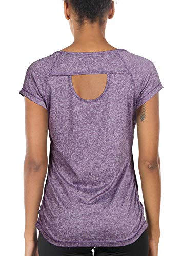 icyzone Camiseta de Fitness Deportiva de Manga Corta de Espalda Abierta para Mujer para Gimnasio -M-Lavanda