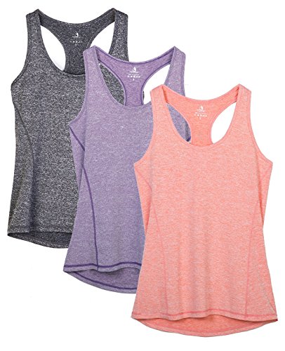 icyzone Camiseta de Tirantes Fitness Deportiva Mujer, Pack de 3 (L, Carboncillo/Lavanda/Melocotón)