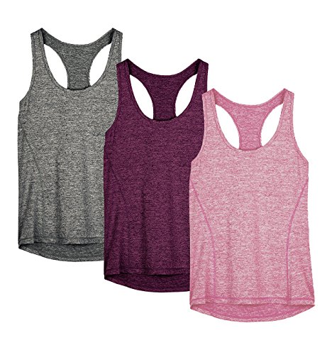 icyzone Camiseta de Tirantes Fitness Deportiva Mujer, Pack de 3 (M, Carboncillo/Jam/Rosado)