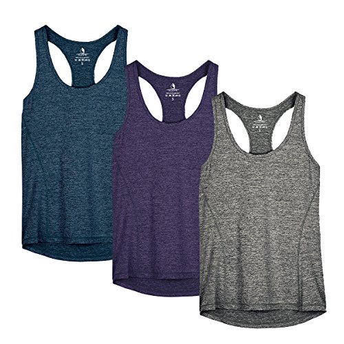 icyzone Camiseta de Tirantes Fitness Deportiva Mujer, Pack de 3 (XS, Azul Real/Morado/Carboncillo)