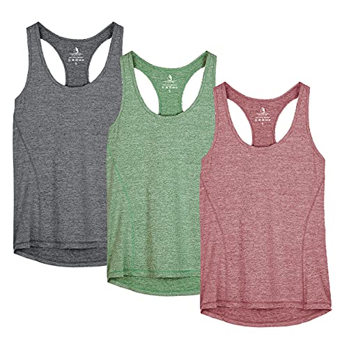 icyzone Camiseta de Tirantes Fitness Deportiva Mujer, Pack de 3 (XS, Carboncillo/Borgoña/Césped Verde)