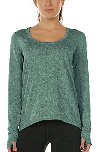 icyzone Camiseta de Yoga Deportiva de Manga Larga para Mujer (S, Verde Oscuro)