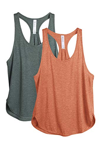 icyzone Camiseta sin Mangas de Fitness para Mujer Racerback Chaleco Deportivo, Pack de 2 (S, Pino Ahumado/Naranja Polvoriento)