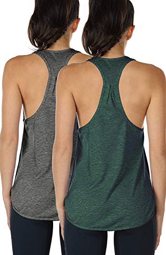 icyzone Camiseta sin Mangas de Fitness para Mujer Racerback Chaleco Deportivo, Pack de 2 (XL, Carboncillo/Ejercito Verde)