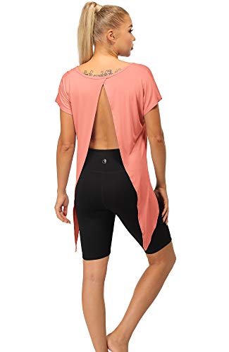 icyzone Camiseta sin Mangas Deportiva de Manga Corta de Espalda Abierta para Mujer para Yoga -L-Coral fusión