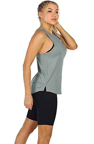 icyzone Camisetas de Tirantes Espalda Cruzada Sin Mangas para Mujer,para Yoga, Correr, Ejercicio, Gimnasio(Pack de 3) -L-Negro Melange/Carbón/Coral