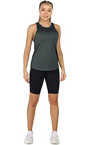 icyzone Camisetas de Tirantes Espalda Cruzada Sin Mangas para Mujer,para Yoga, Correr, Ejercicio, Gimnasio(Pack de 3) -L-Negro Melange/Carbón/Coral