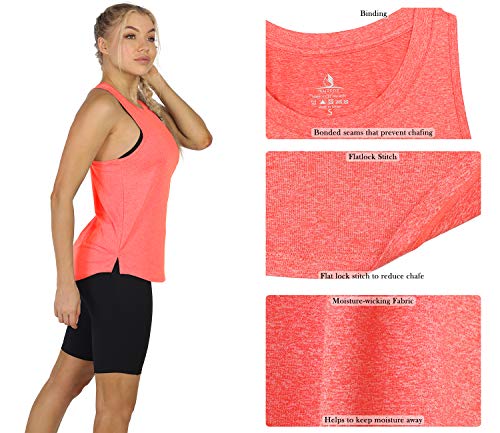 icyzone Camisetas de Tirantes Espalda Cruzada Sin Mangas para Mujer,para Yoga, Correr, Ejercicio, Gimnasio(Pack de 3) -L-Negro Melange/Carbón/Coral