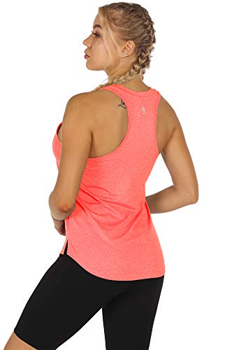 icyzone Camisetas de Tirantes Espalda Cruzada Sin Mangas para Mujer,para Yoga, Correr, Ejercicio, Gimnasio(Pack de 3) -L-Negro Melange/Carbón/Coral