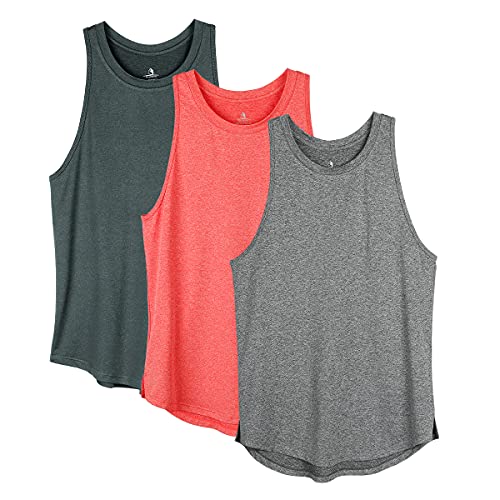 icyzone Camisetas de Tirantes Espalda Cruzada Sin Mangas para Mujer,para Yoga, Correr, Ejercicio, Gimnasio(Pack de 3) -L-Negro Melange/Carbón/Coral