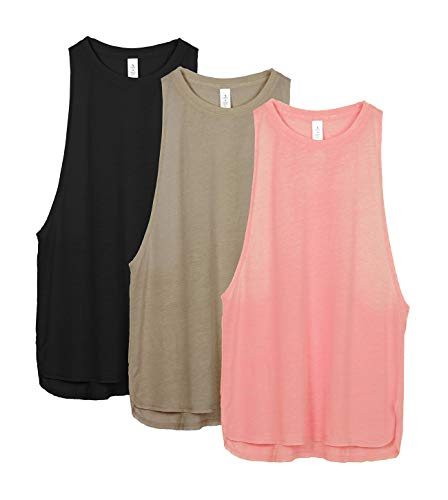 icyzone Sueltas y Ocio Camiseta de Fitness Deportiva de Tirantes para Mujer, Pack de 3 (M, Negro/Beige/Rubor Pálido)