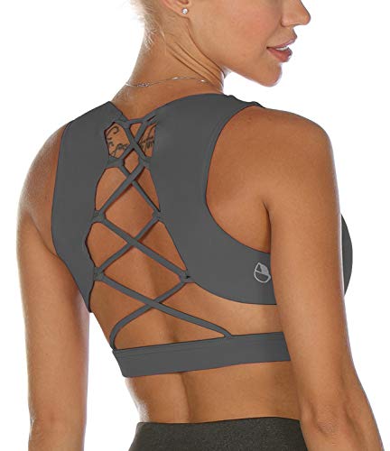 icyzone - Sujetador Deportivo con Tiras para Mujer, Sexy, Gimnasio, Entrenamiento, Yoga, con Copas extraíbles(S,Gris Oscuro)