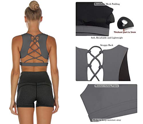 icyzone - Sujetador Deportivo con Tiras para Mujer, Sexy, Gimnasio, Entrenamiento, Yoga, con Copas extraíbles(S,Gris Oscuro)