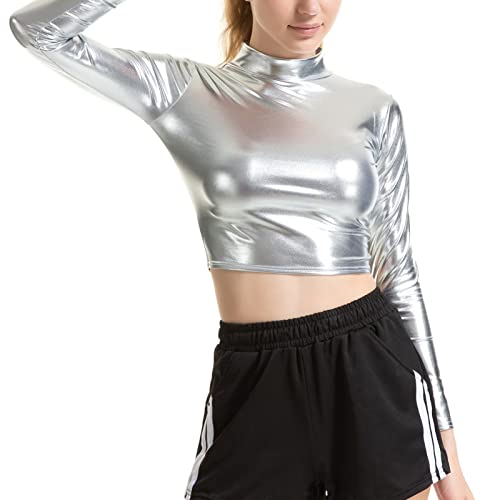 IEFIEL Crop Top Manga Larga de Danza para Mujer Camiseta Brillante de Cuero Elástico Top Metálico Ajustado de Danza Moderna Gimnasia Plateado M