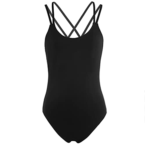 IEFIEL Maillot Ballet Mujer De Tirantes Maillot Elástico de Gimnasia Ritmica Body Ajustado de Danza Clásica Leotardo Baile Ballet para Chicas Negro XS