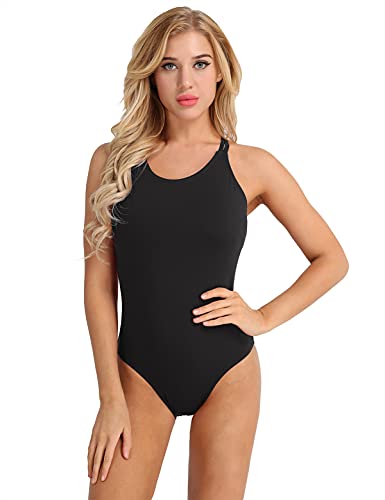 IEFIEL Maillot Ballet Mujer De Tirantes Maillot Elástico de Gimnasia Ritmica Body Ajustado de Danza Clásica Leotardo Baile Ballet para Chicas Negro XS